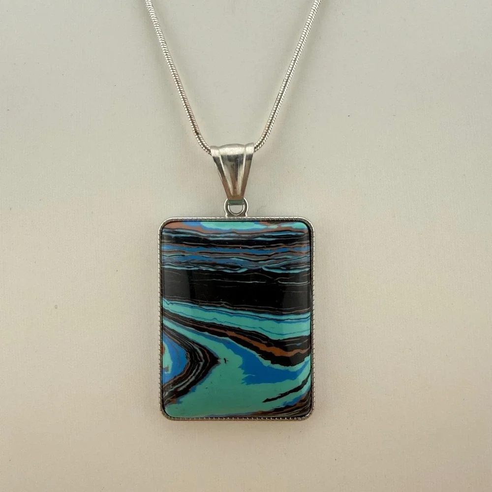 Silver Tone Necklace Rectangle Turquoise Black Swirl Pendant Snake Chain Modern